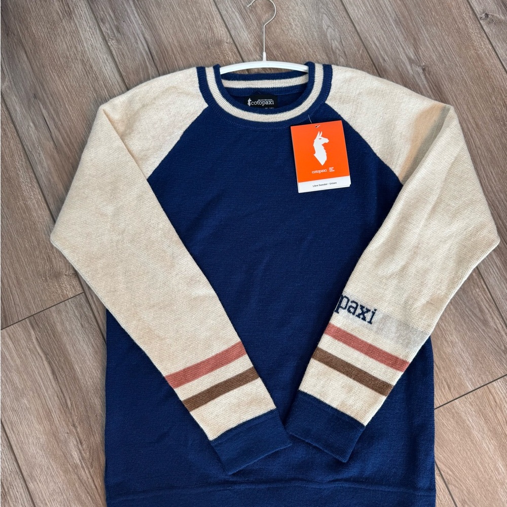 Cotopaxi Blue and Cream Crewneck Sweater with Raglan Sleeves